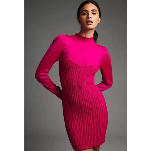 Anthropologie Ribbed Sweater Bodycon Sweater Dress Pink, Mini/Mock Turtleneck S - Picture 1 of 9